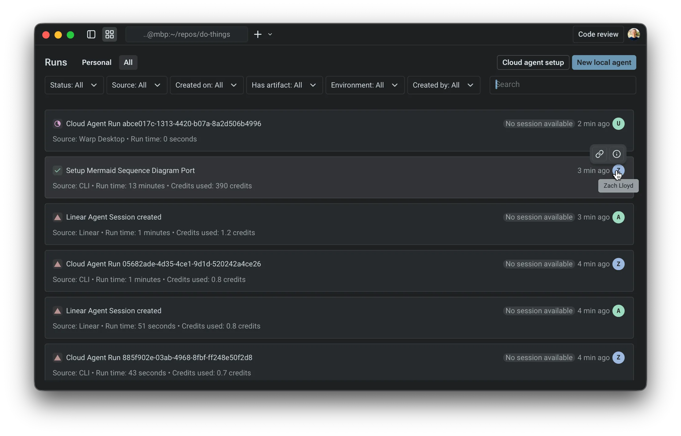 Warp's management view showing interactive and cloud agent runs.
